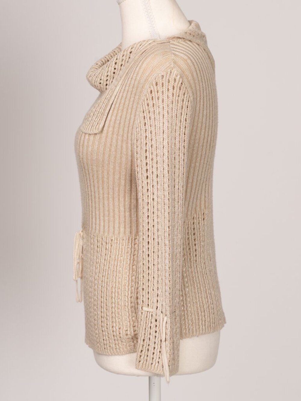 Vintage Y2K Rave Brand Beige Open Knit Cowl Neck Sweater Boho Whimsigoth Medium - Picture 4 of 11